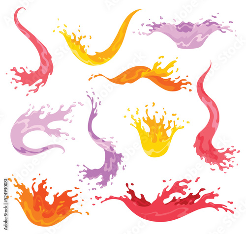 Squirts splashes. Colourful flowing spattering. Splattered pure juice or liquid. Drops various forms of waves. Cartoon illustration with color water splashes