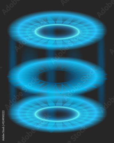 Teleport with blue glow rays with sparks. Neon energy circles, portal podium. Light futuristic digital wrap or fantasy glowing hologram. Vector vertical space tunnel with luminous beams