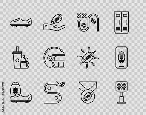 Set line Soccer or football shoes with spikes, Bright stadium lights, Planning strategy concept, American helmet, Football medal and Smartphone american the screen icon. Vector