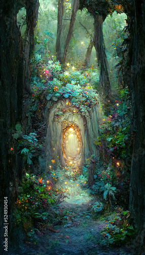 Fantasy magic portal in mystic fairy tale forest. Fairy door to the parallel world. 3D illustration.