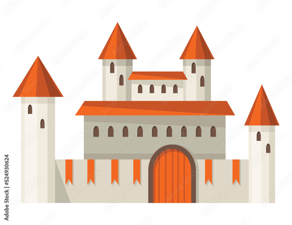 Medieval kingdom castle or royal fortress. Fairy-tale buildind of middle ages historic period. Vector building exterior design