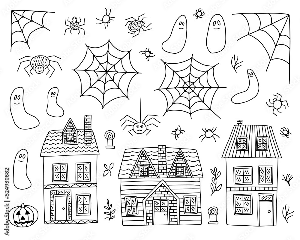 Obraz premium Halloween coloring page with country houses, ghost and spiders. Hand drawn vector doodle Halloween haunted houses set