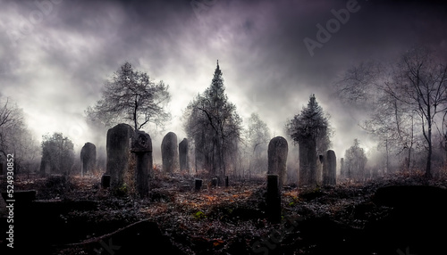 Realistic haunted forest spooky landscape at night. Fantasy Halloween forest background. 3D illustration.