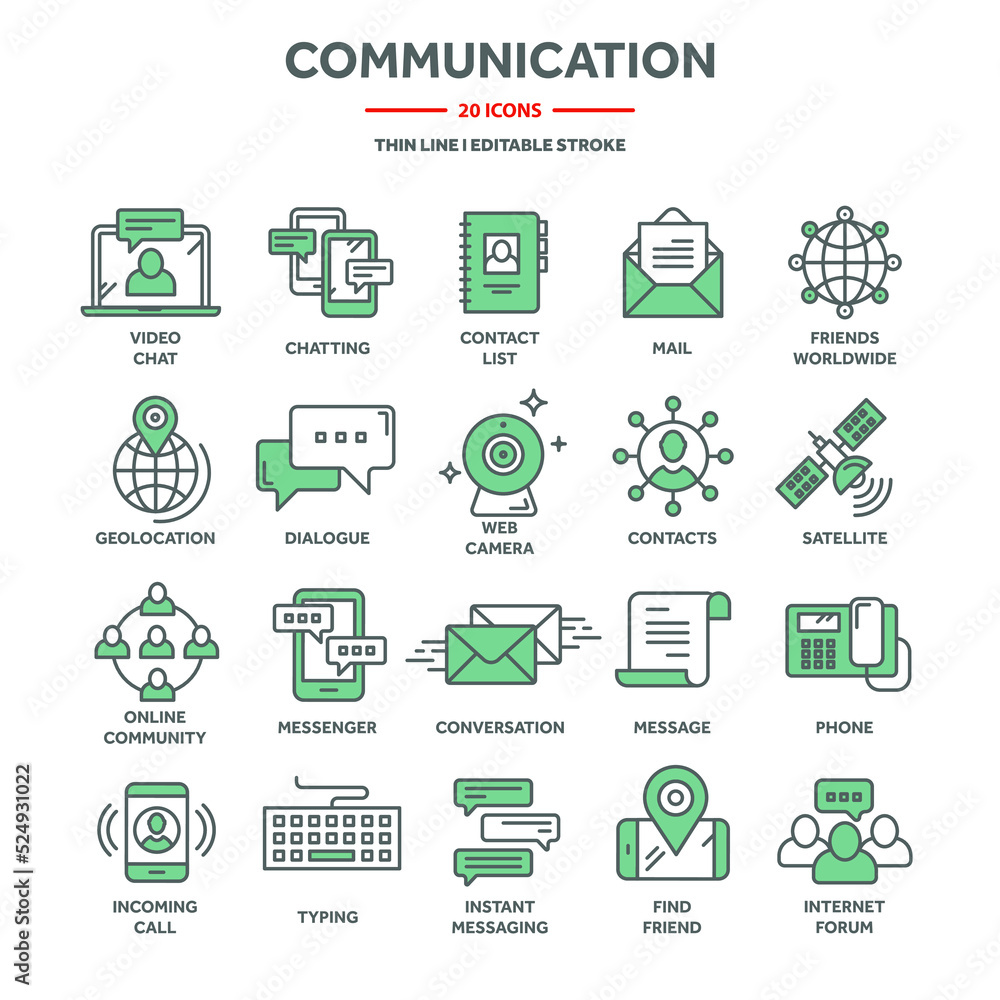 Communication, social media and online chatting. SMS, phone call, messaging in smartphone messenger application. Computing, email web services support. Thin line icons set. Vector illustration Communication, social media and online chatting. SMS, phone call, messaging in smartphone messenger application. Computing, email web services support. Thin line icons set. Vector illustration