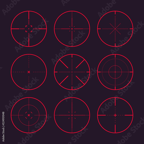 Various sniper rifle night sights, weapon optical scope crosshair. Hunting gun red viewfinder. Shooting mark symbol, aim. Military target sign. Game interface UI element. Vector illustration