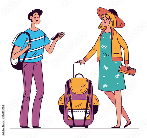 Travel tourists man woman couple journey trip vacation doodle style hand drawn line art isolated graphic design element concept illustration set collection
