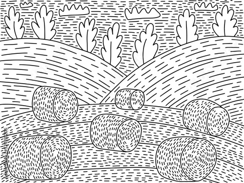 Haymaking field coloring page vector illustration. Hand drawn hay field autumn landscape coloring book