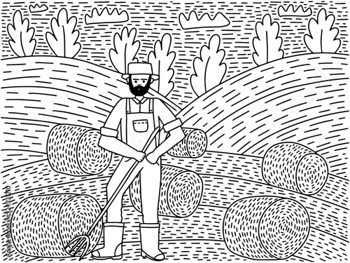 Farmer with pitchfork on haymaking fiels coloring page. Bearded farmer harvesting coloring page for children and adults