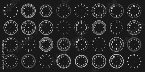 Mechanical clock faces with arabic numerals, bezel. White watch dial with minute, hour marks and numbers. Timer or stopwatch element. Blank measuring circle scale with divisions. Vector illustration