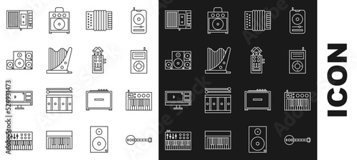 Set line Banjo, Music synthesizer, MP3 player, Musical instrument accordion, Harp, Stereo speaker, tape and Microphone icon. Vector