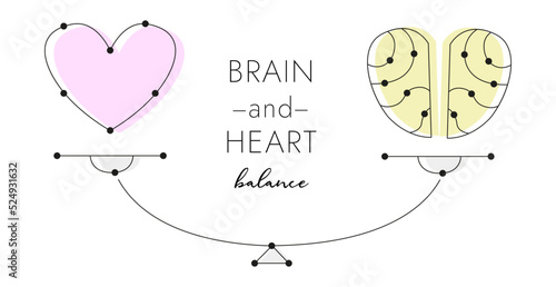 The concept of heart and brain, the conflict of emotions and rational thinking, teamwork and the balance between soul and intellect. Vector.