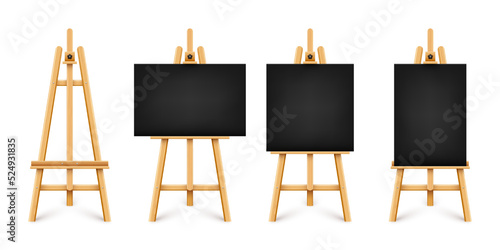 Realistic paint desk with blank black canvas. Wooden easel and a sheet of drawing paper. Presentation board on a tripod. Artwork mockup, template. Vector illustration