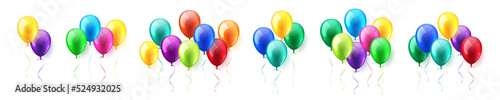 Colorful flying helium balloons with ribbon. Birthday party celebration. Realistic glossy balloon. Design element for wedding or anniversary greeting card. Vector Illustration