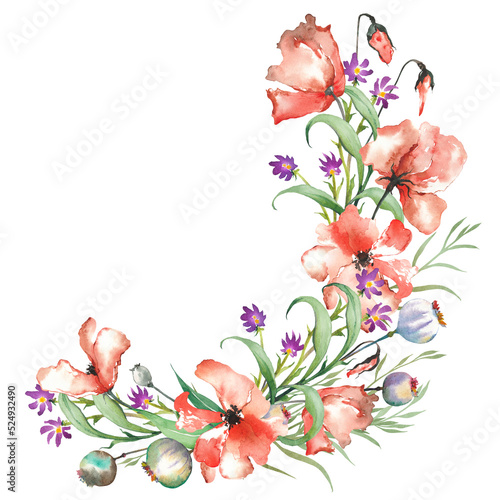 Red poppies and wildflowers demi wreath. Watercolor illustration isolated on white background.