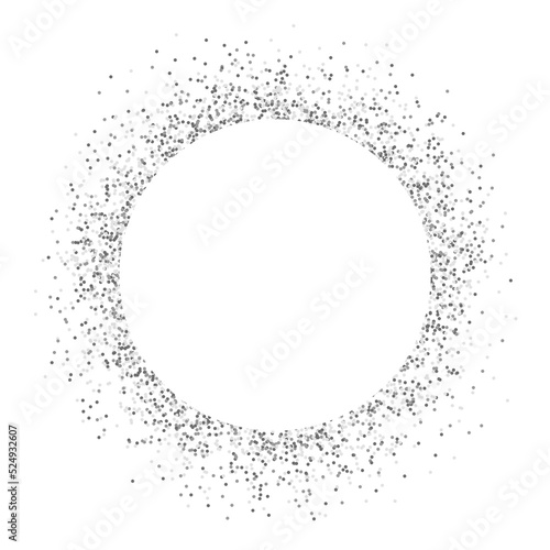 Glitter circle on white background. Silver confetti splash. Shining round composition. Sparkling dust for greeting card. Christmas elegant logo. Vector illustration