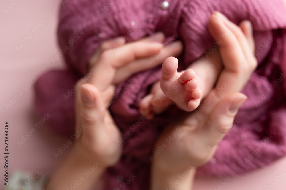 the legs of the child in the arms of the mother. small feet of a newborn baby. parents hands the legs of the child in the arms of the mother. small feet of a newborn baby. parents hands
