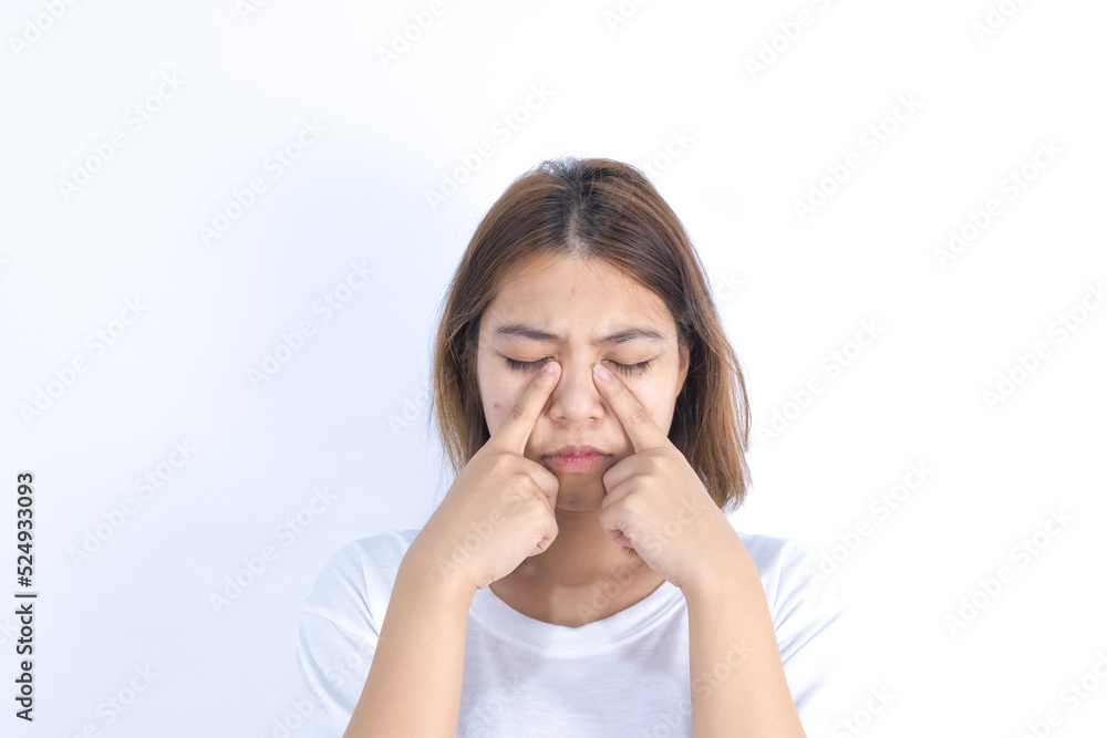 Asian woman hurts nose to eye socket because of sinusitis, health problem Asian woman hurts nose to eye socket because of sinusitis, health problem