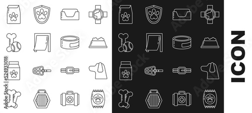 Set line Bag of food for pet, Dog, Pet bowl, bed, Door, toys bone rubber and ball, and Canned icon. Vector