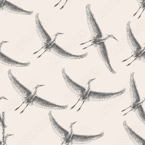Seamless pattern of sketches flying heron flock in sky