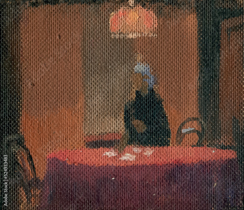 Tablou pe pânză Vector drawing of oil painting on cardboard of old woman sitting at round table