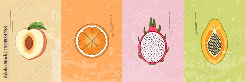 Vector illustration. Collection of contemporary art backgrounds. Hand drawn peach, orange, dragon fruit, papaya. Line and shape drawing. Flat cartoon style. Design for poster, cover, magazine, layout