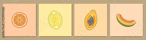 Vector illustration. Collection of contemporary art backgrounds. Hand drawn orange, lemon, papaya, melon. Line and shape drawing. Flat cartoon style. Design for social media template, web banner