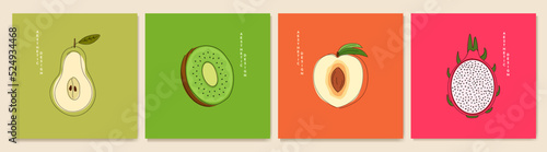Vector illustration. Collection of contemporary art backgrounds. Hand drawn pear, kiwi, peach, dragon fruit. Line and shape drawing. Flat cartoon style. Design for social media template, banner