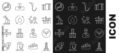 Set line Oil rig with fire, Bio fuel, platform in the sea, Gasoline pump nozzle, drop, jack, No Smoking and Molecule oil icon. Vector