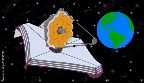 James Webb telescope in outer space near the Earth planet close up. Vector illustration. Elements of this image were furnished by NASA.
