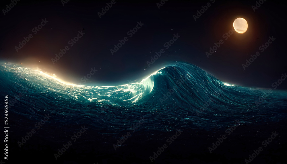 Fototapeta premium Abstract night seascape. Moon over the sea. Planet in the water. neon light. Seascape, ocean, night landscape. 3D illustration.