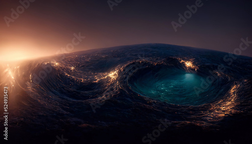 Abstract night seascape. Moon over the sea. Planet in the water. neon light. Seascape, ocean, night landscape. 3D illustration.