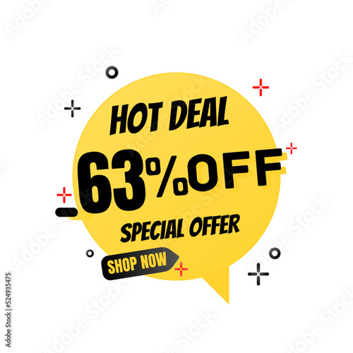 63% percent off(offer), hot deal, red and yellow 3D super discount sticker, mega sale. vector illustration, Sixty three 