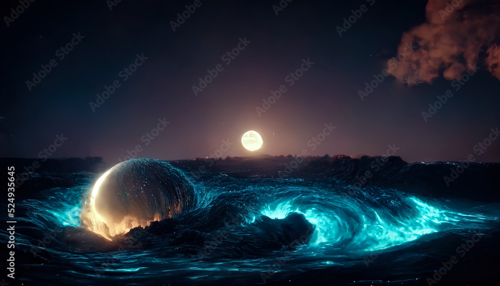 Fototapeta premium Abstract night seascape. Moon over the sea. Planet in the water. neon light. Seascape, ocean, night landscape. 3D illustration.