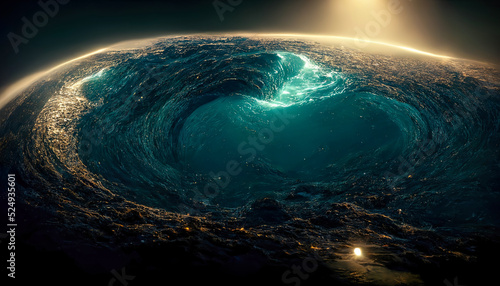 Abstract night seascape. Moon over the sea. Planet in the water. neon light. Seascape, ocean, night landscape. 3D illustration.