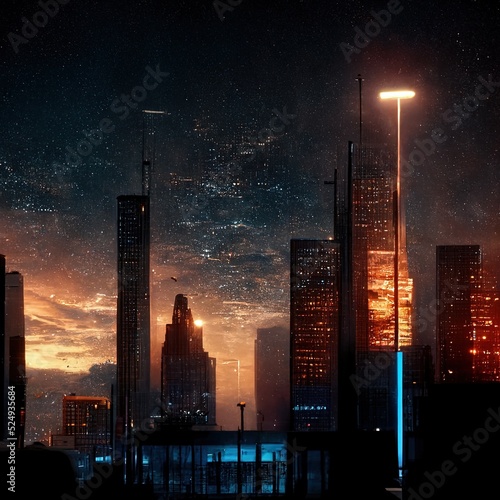 Metropolis skyline at twilight with skyscrapers and lights. 3d illustation.