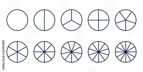 Circles divided diagram 3, 10, 7, graph icon pie shape section chart. Segment circle round vector 6, 9 devide infographic.