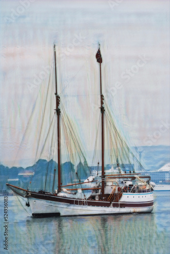 An illustration of a private sail, two mast ship, in the harbor of Bergen, Norway.  © JMP Traveler