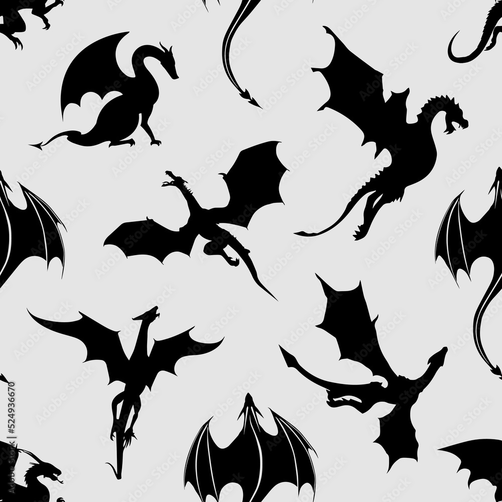 Black and white seamless pattern made up of dragons and wyverns ...