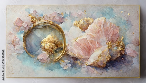 Raster illustration of beautiful flower arrangement with a gold bracelet, lea...