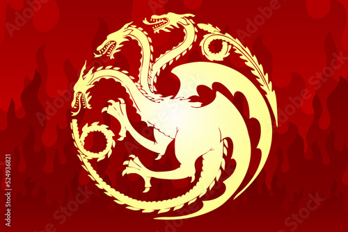 Three-headed gold dragon as emblem of the house Targaryen. Poster of the gold dragon for the series House of the Dragon - prequel Game of Thrones. Vector illustration as print, pattern or wallpaper.