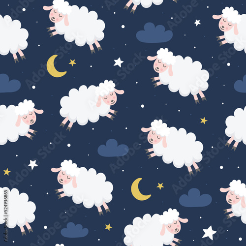 Seamless vector pattern with cute sheep, stars, clouds and the moon. Vector illustration for fabric, textile, wrapping paper for kids.