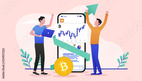 Bitcoin price up - Two investors happy about price of cryptocurrency going up and making them money. Flat design vector illustration