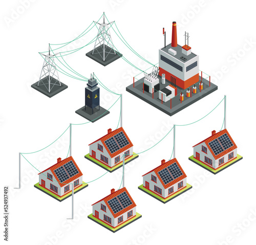 Energy power grid isometric. Power distribution with family house, wind and high voltage electricity grid pylons, electric transformer. Electric transmission network providing energy supply