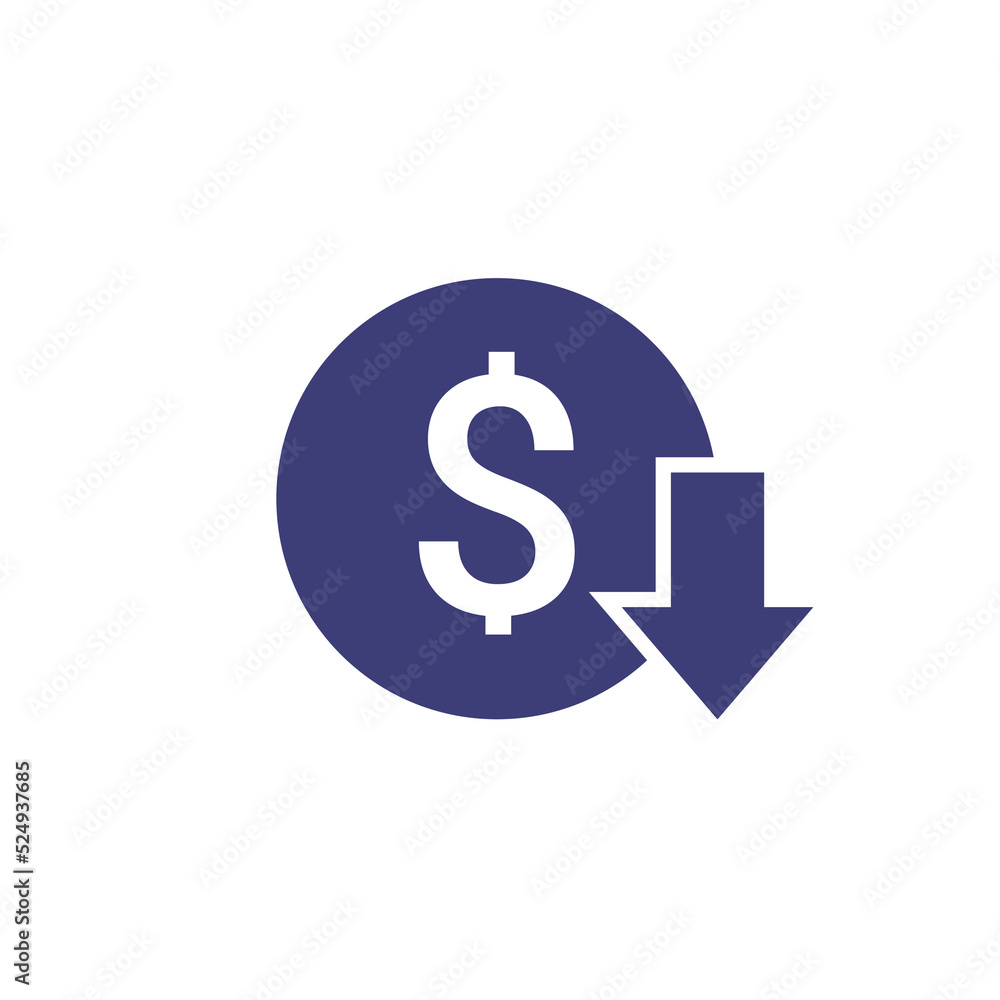 Cost reduction icon price lower arrow. Vector low cost money crisis line icon Cost reduction icon price lower arrow. Vector low cost money crisis line icon