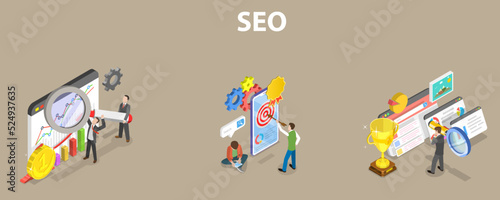 3D Isometric Flat Vector Conceptual Illustration of SEO Optimization, Web Analytics Social Media Marketing