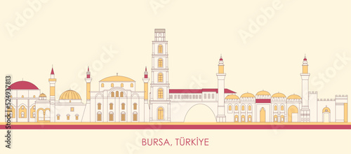 Cartoon Skyline panorama of city of Bursa, Turkiye - vector illustration