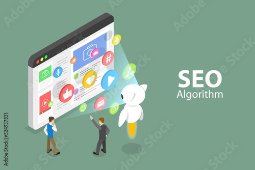 3D Isometric Flat Vector Conceptual Illustration of SEO Algorithm, Search Engine Crawler photo