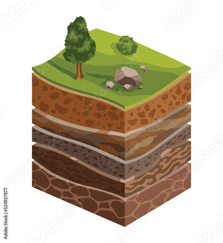 Showing soil layers of earth. Cross section, schematic education poster. Soil, sand, gravel, loam, clay. Top layers with grass, tree and stones