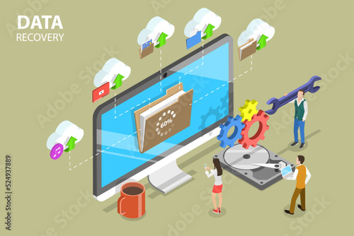 3D Isometric Flat Vector Conceptual Illustration of Data Recovery, Storage Backup and Hard Drive Repair Service