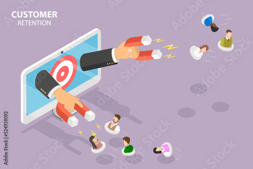 3D Isometric Flat Vector Conceptual Illustration of Customer Retention Strategy, Digital Inbound Marketing